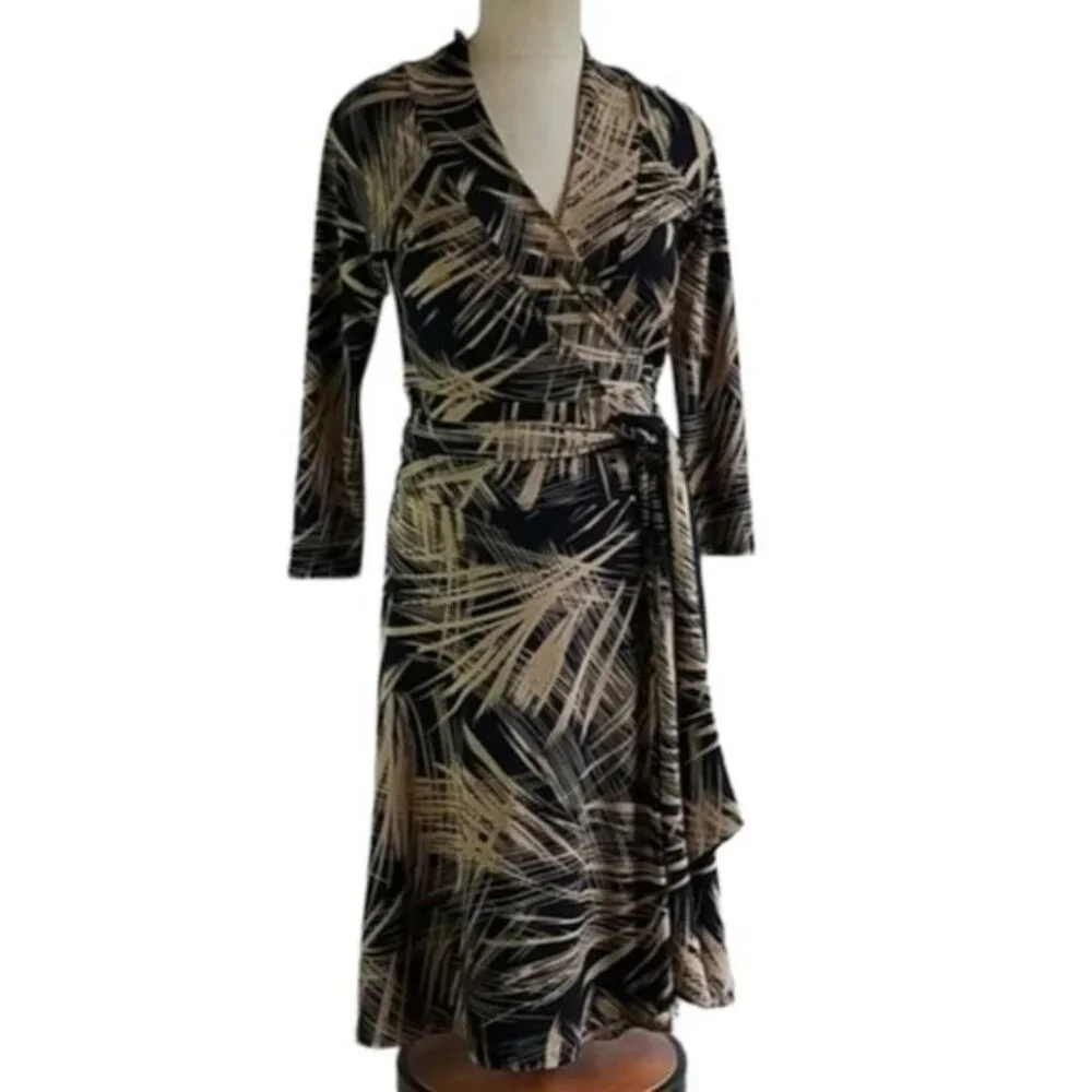 VINTAGE Wrap Dress Lily Long Sleeve Brown Black V Neck Women's Woman's Small